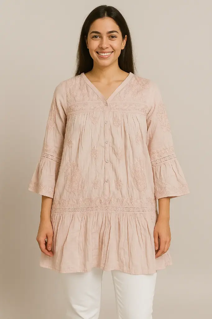 Ligh Pink V neck Short Chikankari Kurti