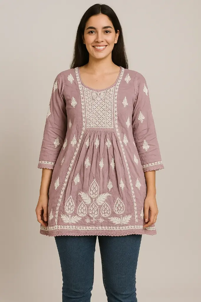 White and Pink Short Flare Chikankari Kurti