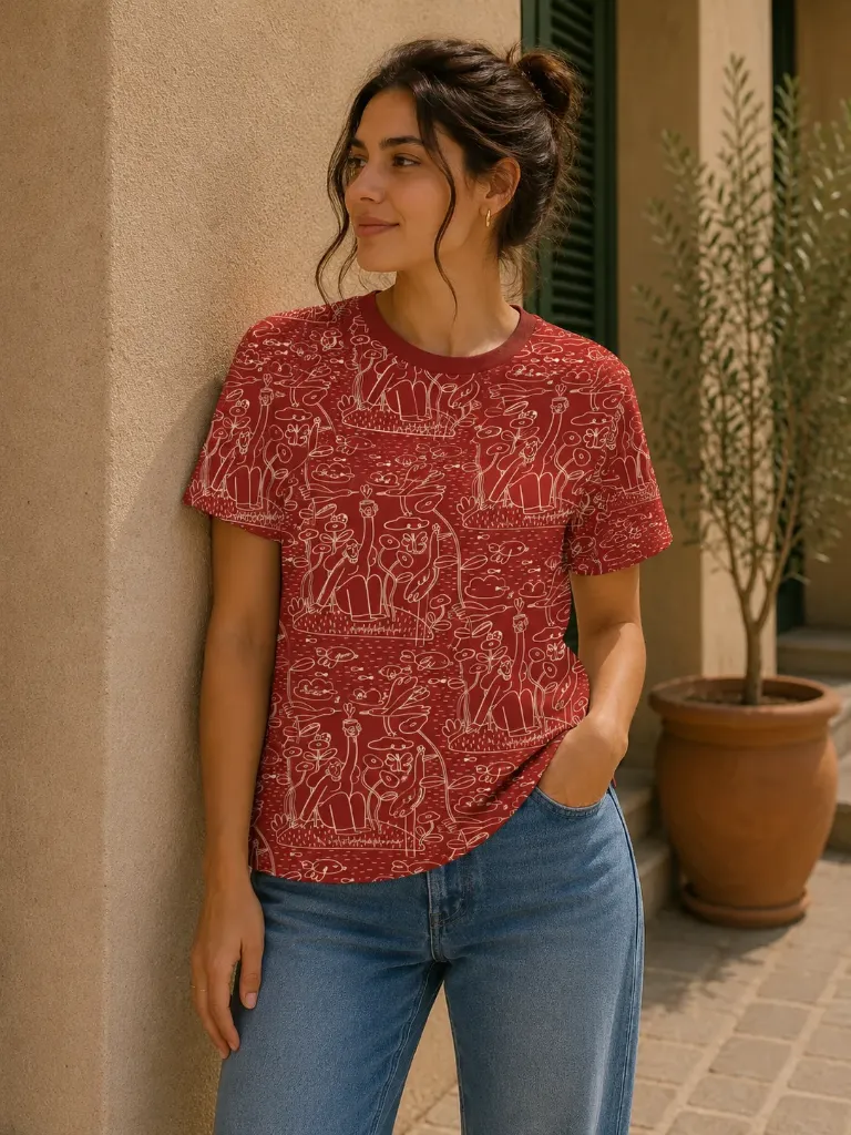 Island in the Sky Red & Beige Unisex Tshirt (S)