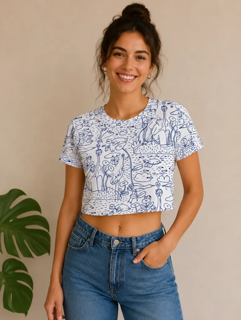 Island in the Sky White & Blue Crop Tshirt