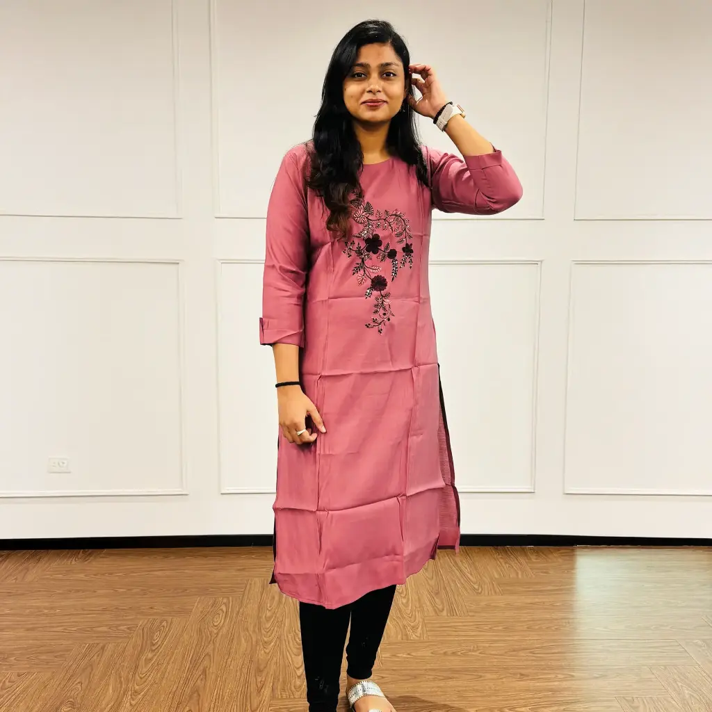 Flower Embroidered Pink Kurti (M)