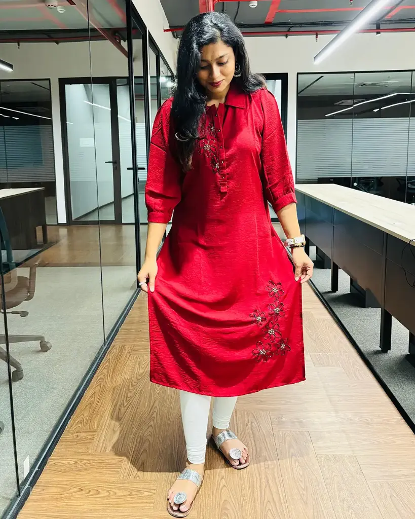Flower Embroidered Red Kurti (M)