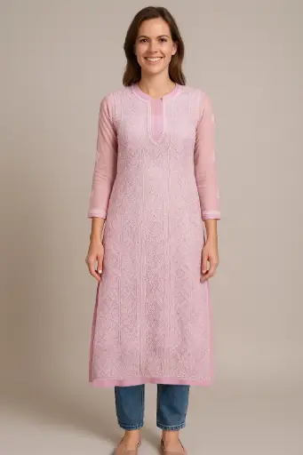 Pink Georgette Chikankari Kurti