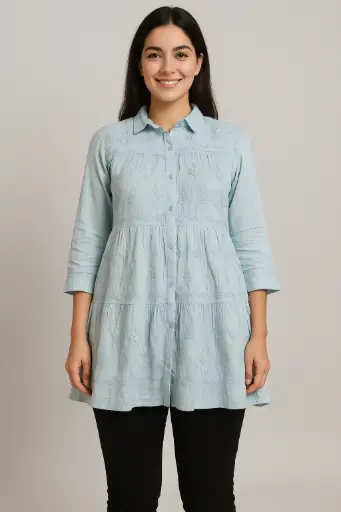 Light Blue Short Flare Collar Chikankari Kurti