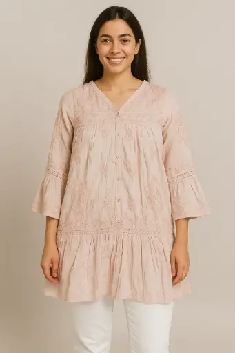 Ligh Pink V neck Short Chikankari Kurti