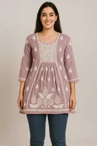 White and Pink Short Flare Chikankari Kurti