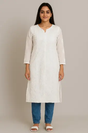 White Georgette Long Chikankari Kurti